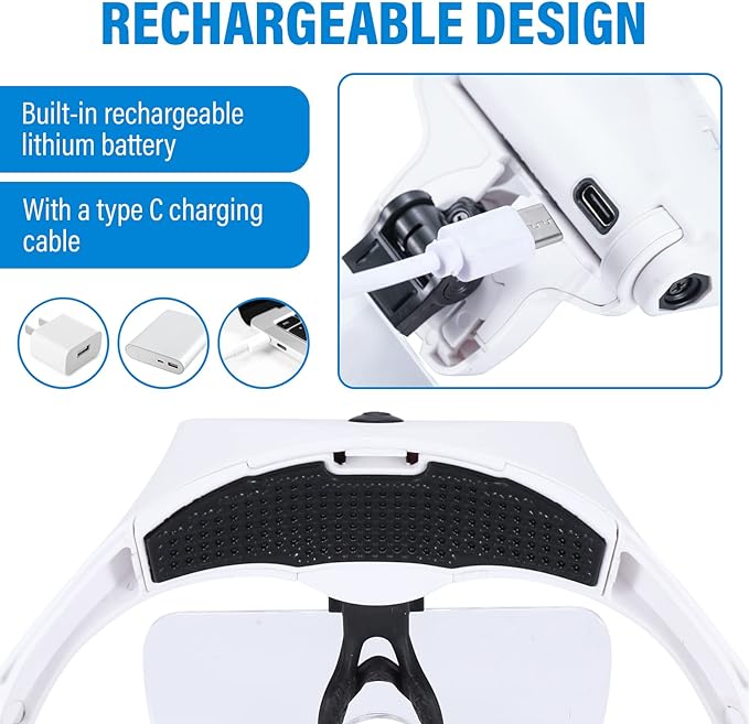 YOCTOSUN Magnifying Glasses with 4 LED Lights, Head Mount Magnifier with Storage Case,5 Lenses, Headband, Hands Free Lighted Head Magnifying Visor for Hobby Crafts & Close Work