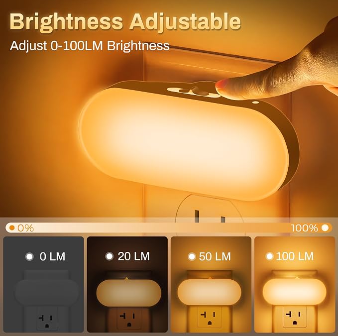 Amber Night Light,Auto On/Off,0-100 LM Adjustable Brightness | Dimmable Night Light,Plug Into Wall Light Sensor Night Light,for Kids Room Bedroom Stair Lights,Amber Color,1W,2 Pack
