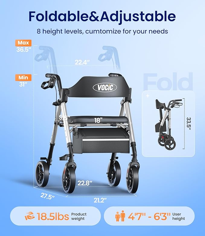 VOCIC Walkers for Seniors, Z21 Rollator Walker with Seat Supports 350lb, 8" Big Wheels for All Terrain, Ergonomic Arc Seat & 6" Ultra Backrest Foldable Walker, Dual Height Adjustment, Lightweight 2025