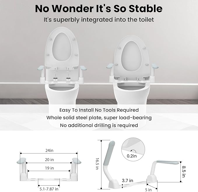 Toilet Safety Rails for Seniors 、 Adjustable Armrest, Space Saving, Stylish and Durable, Anti Slip and Anti Fall, Suitable for Elderly, Disabled, Pregnant Women with Armrest Toilet Safety Rail