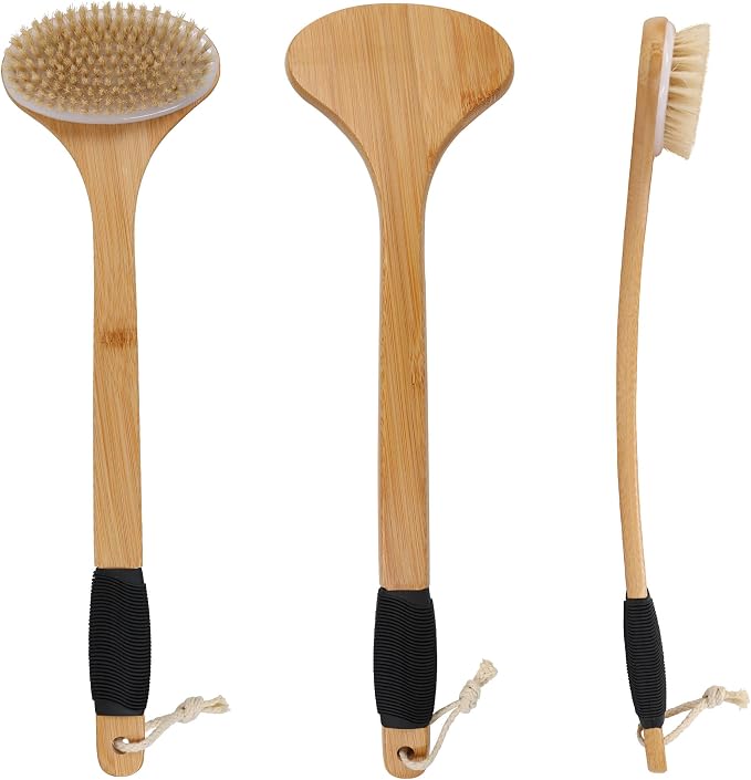 OWIIZI Back Scrub Brush for Shower,Stiff Boar Bristles Bamboo Curved Long Handle Antiskid Body Bath Brush for Back Use Wet or Dry,Deep Cleanse Large Surface Back Scrubber | 17.5" Bamboo Curved Long Handle Bath Brushes,Large Surface Deep Cleanse Back Sc...