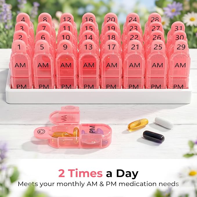 Daviky Monthly Pill Organizer 2 Times a Day - 30 Day Pill Box AM PM, BPA Free One Month Medicine Organizer Twice Daily, 31-Day Case to Hold Vitamins, Supplements & Medication, Pink