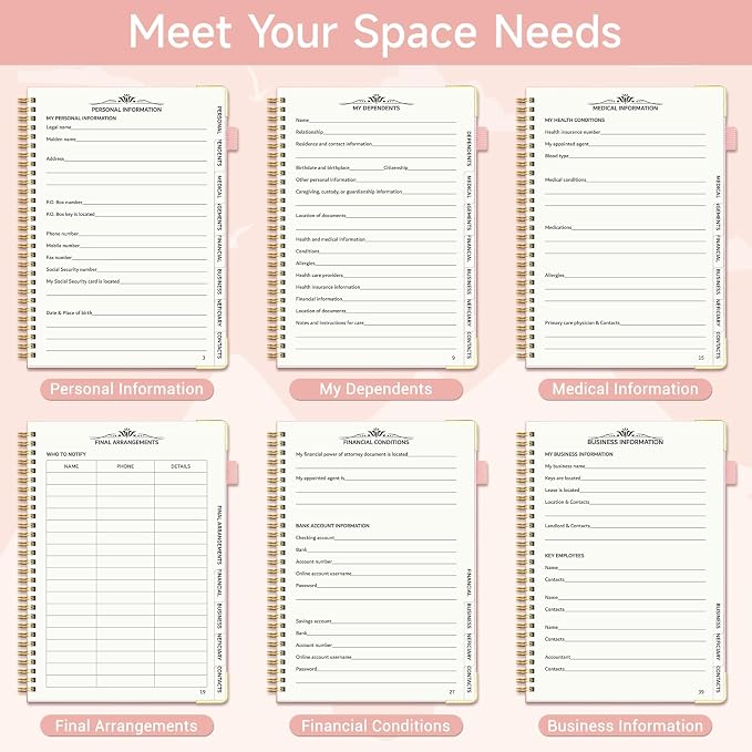 End of Life Planner, Estate Planning Organizer with Tabs for Senior, Spiral Funeral Planning Book with Large Font, Gold Corner Guards & Inner Pocket for Will Preparation, 7.36" x 10.4", RoseGold