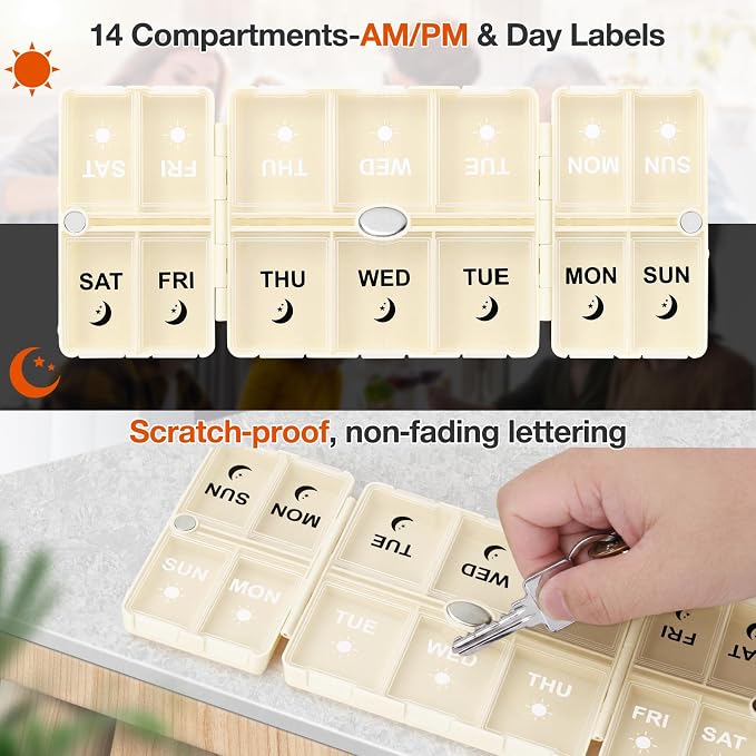 FYY Weekly Pill Organizer 2 Times a Day, Magnetic Travel Pill Box AM PM with Easy Open – 7-Day Daily Pill Case Medicine Organizer for Vitamins,Supplements - Beige
