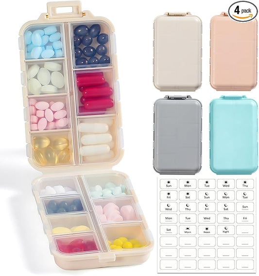 4 Pack, 14 GRIDS Travel Pill Organizer Box with Labels - Travel Medicine Case Kit - Pocket Daily Pharmacy Container - Travel Medication Holder Dispenser for Fish Oil Vitamin Supplement Storage