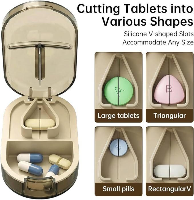 Pill Cutter Splitter for Small or Large Pills, Portable Pill Splitter with Hidden Professional Organizer and Brush, Tablet Cutter Medicine Slicer, Coupe Pilule for Tablets and Vitamins(Brown)