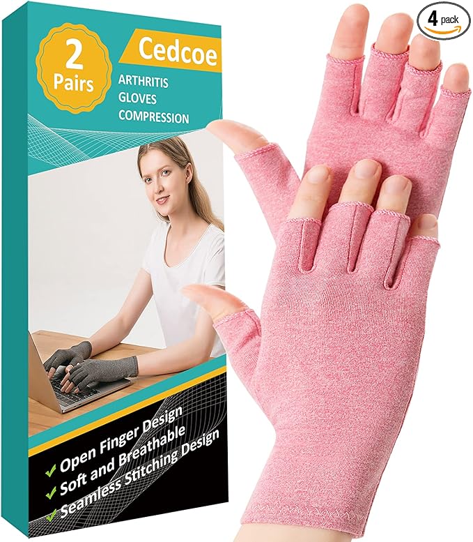 2 Pairs Arthritis Compression Gloves for Relieve Rheumatoid Arthritis, Osteoarthritis, Carpal Tunnel, Joint Pain, Open Fingerless Gloves, Fit for Women and Men to Daily Work (Pink, Medium)