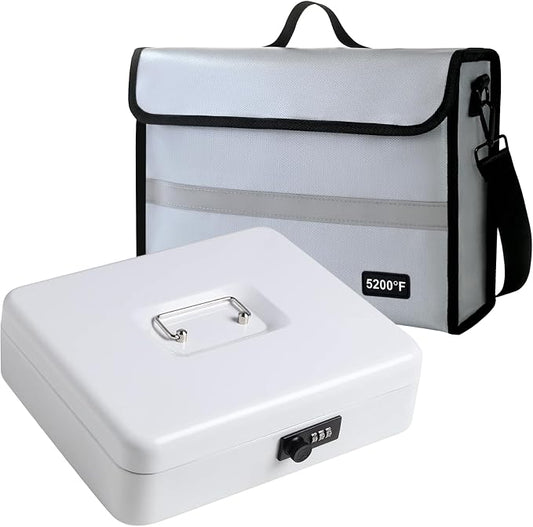 Fireproof Document Bag with Lock Box - Secure Cash, Contracts & Passports Combo