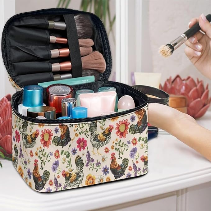 Countryside Chicken Floral Makeup Bag Women Travel Cosmetic Bag for Women, Rooster Flowers Print Large Capacity Portable Toiletry Bags with Handle
