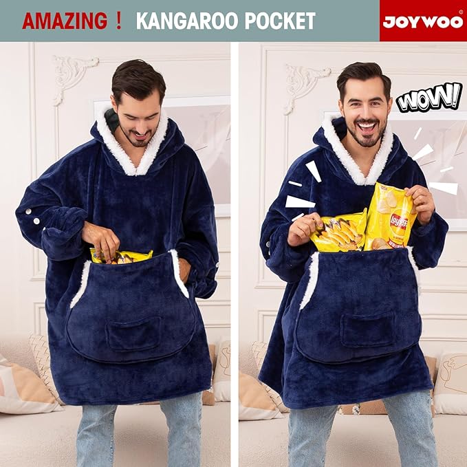 JOYWOO Navy Foldable Wearable Blanket Hoodie with Gloves,Oversized Cat Lovers Sweatshirt Blanket for Adult,Birthday Gifts for Men,Dad,Husband Cozy Sherpa Hooded Blanket with Giant Pocket Winter Gifts