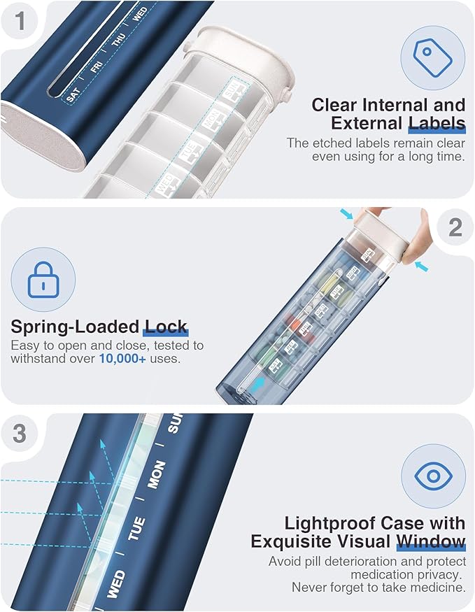 Zannaki Aluminum 7 Day Weekly Pill Organizer, Portable Travel Pill Case with Three Layer Seal, Large Capacity Cute Daily Pill Box, Pill Holder Container for Vitamins, Pills, Supplements and Medication