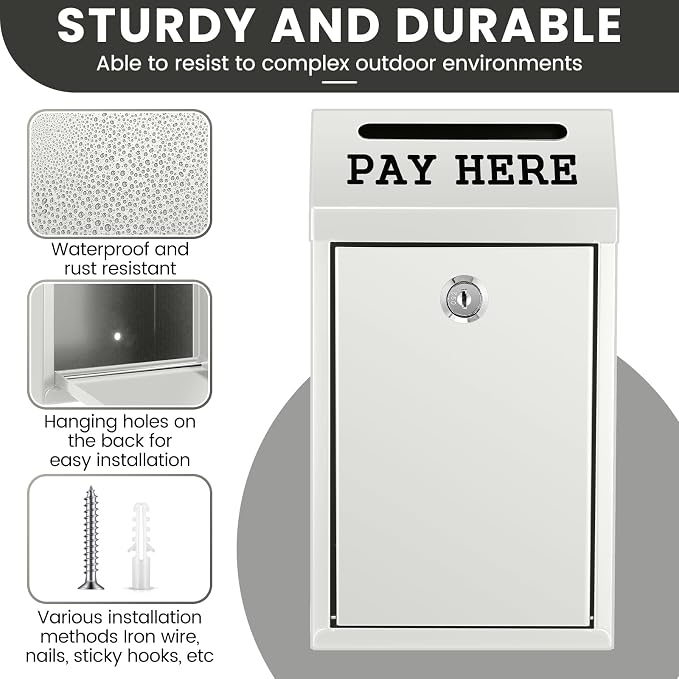Yaocom Safe Metal Cash Box for Farm Stand – Money Drop and Secure Donation Collection, Wall Mount Lockable Unit with Pre Drilled Holes for Outdoor Self Serve(White,10.2 x 5.7 x 2.8 Inch)