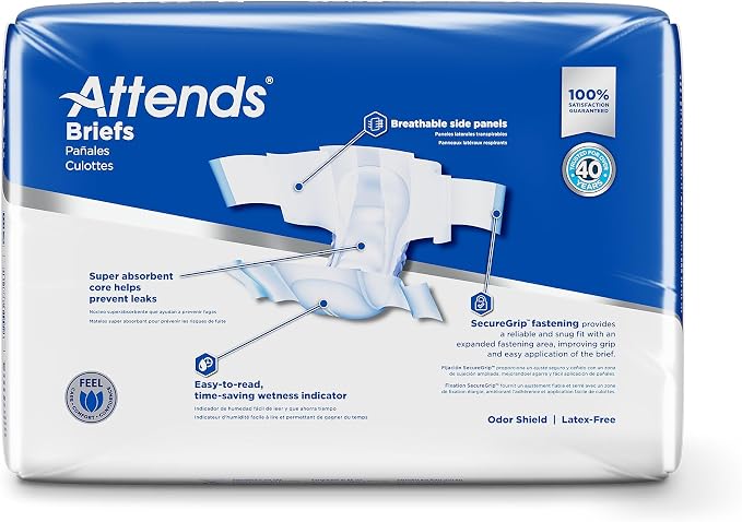 Attends Adult Incontinence Disposable Briefs, Medium, 32"-44" Waist with SecureGrip Tab Closure, Extra Heavy Absorbency with Super Absorbent Core and Breathable Side Panels, 96ct Bag