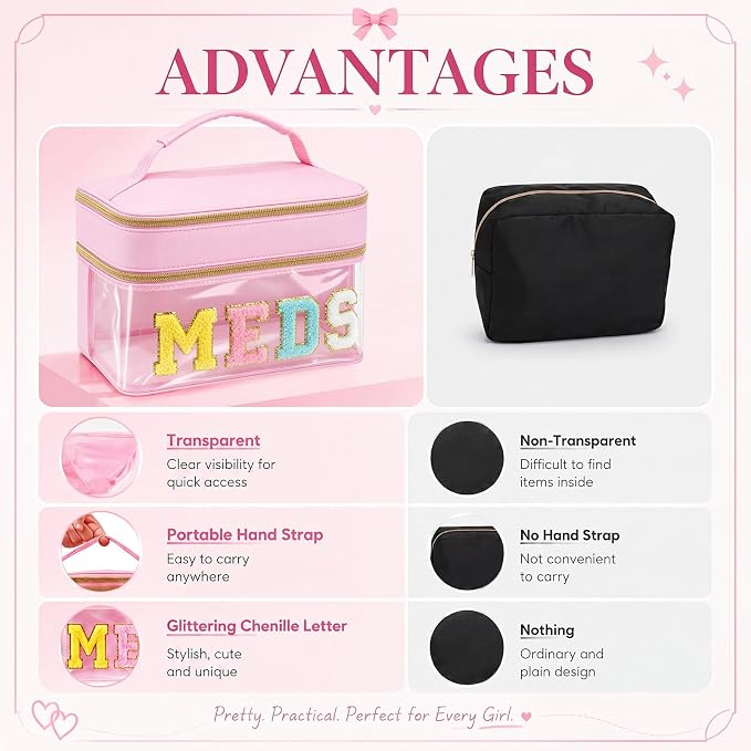 Geetery Double Layer Meds Makeup Bag with Chenille Letter, Clear Travel Medicine Bag for Women, Dual Compartment Cosmetic Organizer, Transparent Toiletry Pouch for Travel, Pink Pill Organizer Case