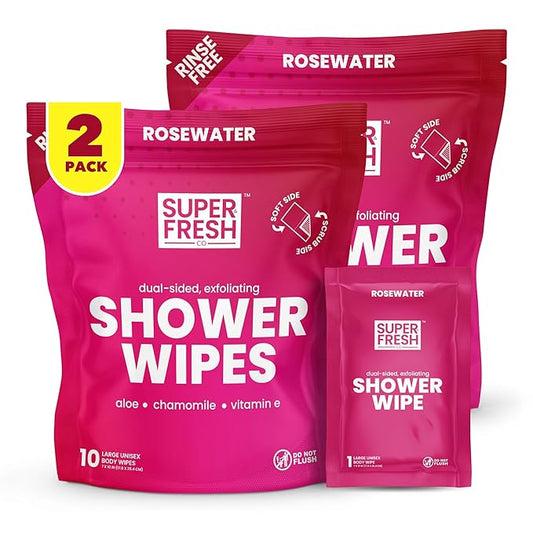 Super Fresh Shower Wipes Large RoseWater Body Wipes for No Rinse Bathing Personal Hygiene Gym Travel or Camping Enriched with Aloe and Vitamin E 20 Individually Wrapped Disposable Sheets