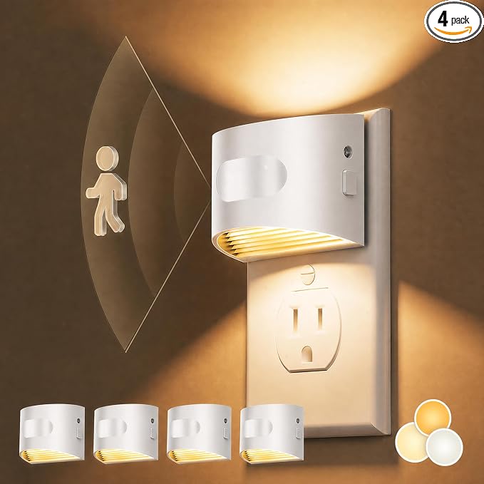 L LOHAS LED Night Light with Motion Sensor & Dusk to Dawn Sensor, 3CCT | Night Lights Plug into Wall, Motion Activated Night Light, White Housing 4 Pack