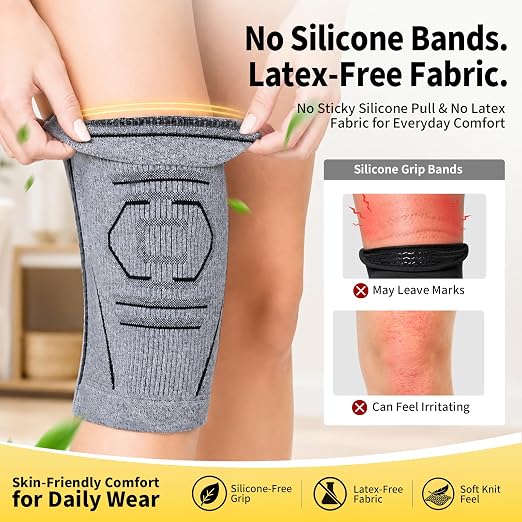 CAMBIVO 2 Pack Knee Brace for Women & Men, Latex Free & Silicone Free Compression Knee Sleeves with Side Stabilizers, Lightweight Knee Support for Arthritis, Meniscus, Walking, Running (Gray, Large)