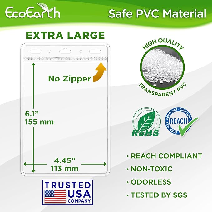 Passport, ID Card, Name Badge Holders - 4x6, 250 PK, Vertical Zipperless | EcoEarth clear plastic identification card holders with soft edge, quick loading, pre-punched holes for all lanyard clips