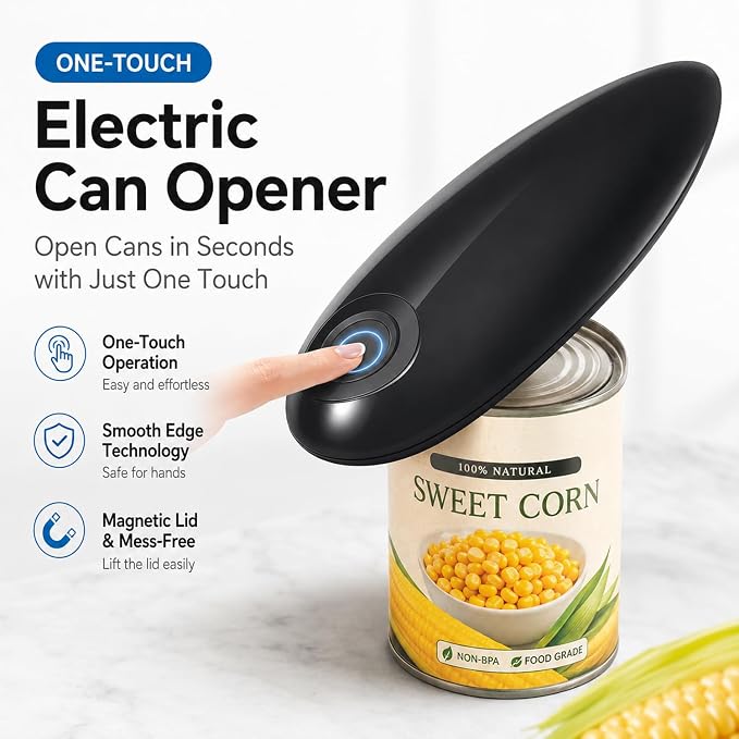 Electric Can Opener for Seniors, One-Touch Battery Operated, Smooth Edges | Fits most round cans with hands-free operation. Easy for seniors and people with arthritis or limited hand strength.