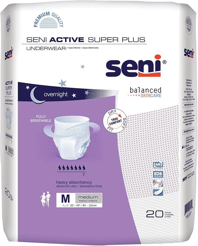Seni Active Super Plus Unisex Adult Incontinence Underwear, Heavy Absorbency, Pull On Disposable Overnight Underwear for Men & Women (Medium, 80, Count)