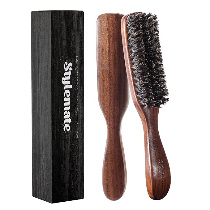 STYLEMATE Boar Bristle Mens Hair Brush | Slick Back Beard Brush with Natural Black Walnut Wooden Handle and Stiff Bristles for Thick & Fine Hair