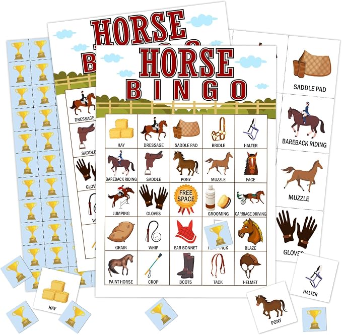 Horse Farm Bingo Cards, 24 Player Pony Party Bingo Game for Family Adult, Cowgirl Cowboy Party Favor, Large Group Party Celebration Activity -05