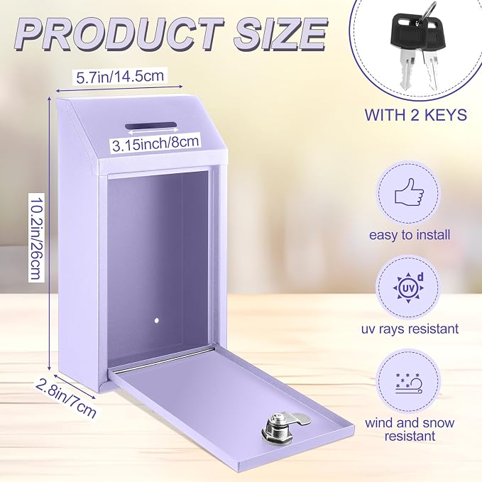 Yaocom Metal Money Box,Morandi Purple,10.24 x 5.71 x 2.95 Inch,No Lid | Wall Mounted Drop Donation Cash Box for Farm Stand Collection Safe Suggestion Box with Lock Container for Home Office Outdoor