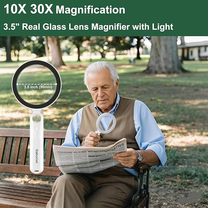 Glass Magnifying Glass with Light Handheld 10X 30X Magnifier with 36 LEDs, 5 Color Modes Rechargeable Lighted Magnifiers, Gift for Senior Reading, Coin, Stamps, Inspection (Black & White)