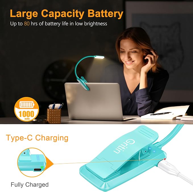 Gritin 9 LED Rechargeable Book Light for Reading in Bed | Eye Caring 3 Color Temps,Stepless Dimming Brightness,80 Hrs Runtime Small Lightweight Clip On Book Reading Light-Blue