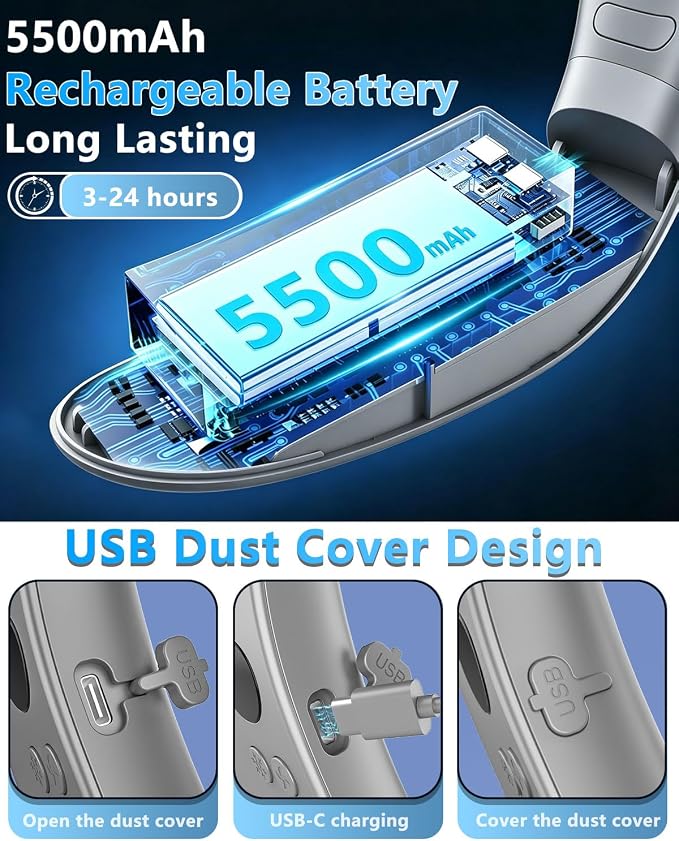 Neck Fan with Cooling Plate-5 Speed&Power LED Display-24H Quiet Powerful Fans that Blow Cold Air-USB 5500mAh Bladeless Wearable Personal AC Cooler for Women,Men,Kids,Travel,Outside,Indoor Grey