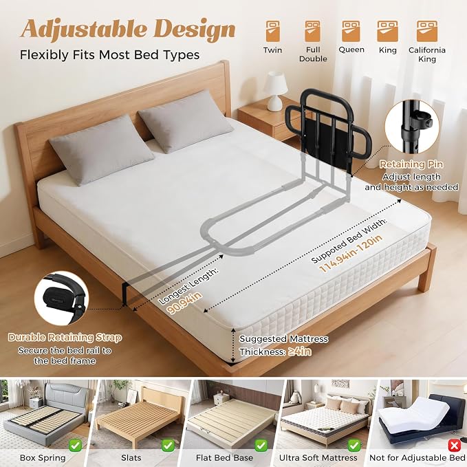 Heavy Duty Bed Rail for Elderly Adults with 2 Grab Bars, 400LBS Capacity, Adjustable Height Bed Assist Rail with Non-Slip Foam Grip, Sensor Light & Storage Pocket for King/Queen/Full/Twin Bed