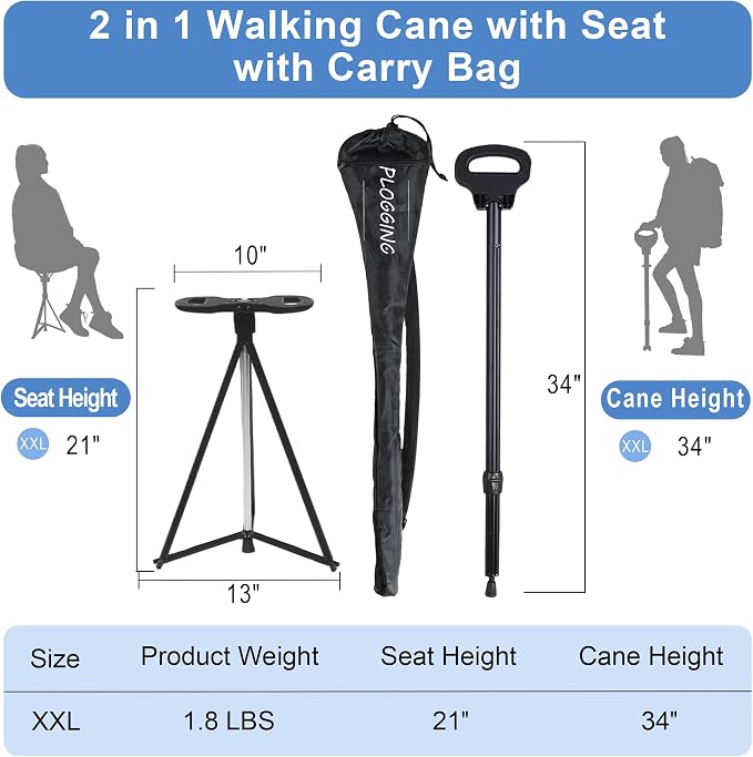 Walking Cane with Seat for Men & Women, Lightweight Anti-Slip Walking Stick with Carry Bag, Portable Stool for Senior & Adults, Foldable Cane Chair for Travel Hiking