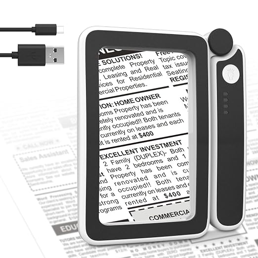 MoKo Magnifying Glass with Light, 4X Full-Page Folding Magnifier | Rechargeable magnifying glass for reading has 10 LEDs, 3 light levels and a 4.3 x 2.5 inch acrylic lens.