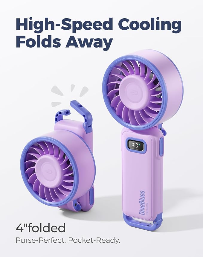 Diveblues Portable Turbo Fan, Purple Personal Neck Fan, Small Travel Fan | 7.4m/s High Speed, 180° Foldable 4-in-1, 100 Speed Stepless Control, USB-C Rechargeable