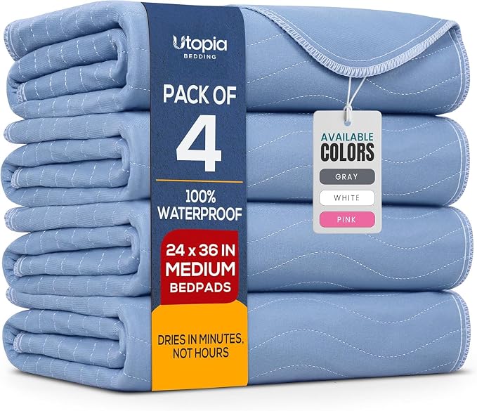 Utopia Bedding Washable Underpads 24" x 36" (Pack of 4), Waterproof Reusable Heavy Absorbency Incontinence Bed Pads for Adults, Kids, Elderly and Pets, Bedwetting Pads for Sofa and Couch (Blue)