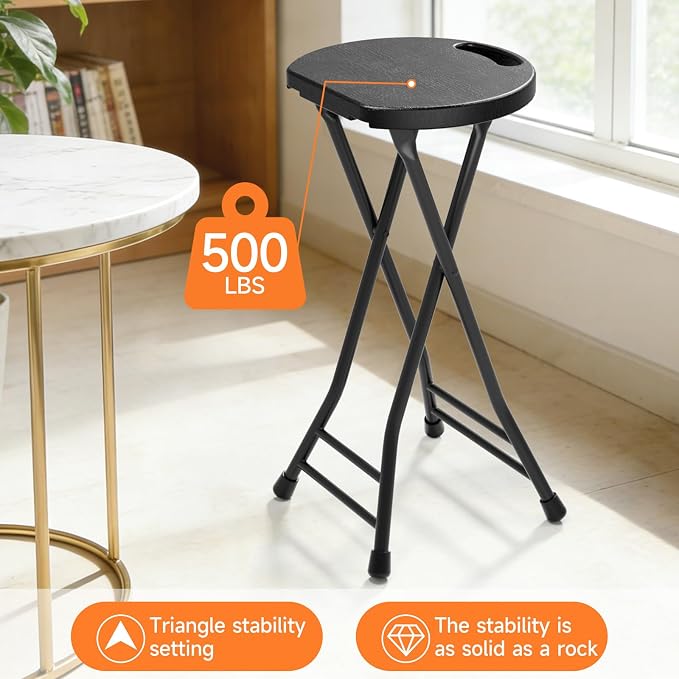 LEDLAY24 Inch Folding Stool with Handle - 500LBS Capacity Portable Foldable Stool with Non-Slip Feet, Heavy-Duty Steel & Plastic Collapsible Stool for Indoor Outdoor Use, Black