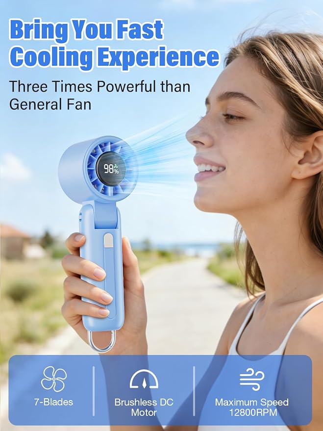 AI Handheld Fan Turbo, 100-Speed Portable Fan Rechargeable, Mini Fan with 12800 RPM Strong Airflow, Foldable 4-in-1 Personal Fan for Travel, Camping, Beach & Office, USB-C & Lightweight & Quiet