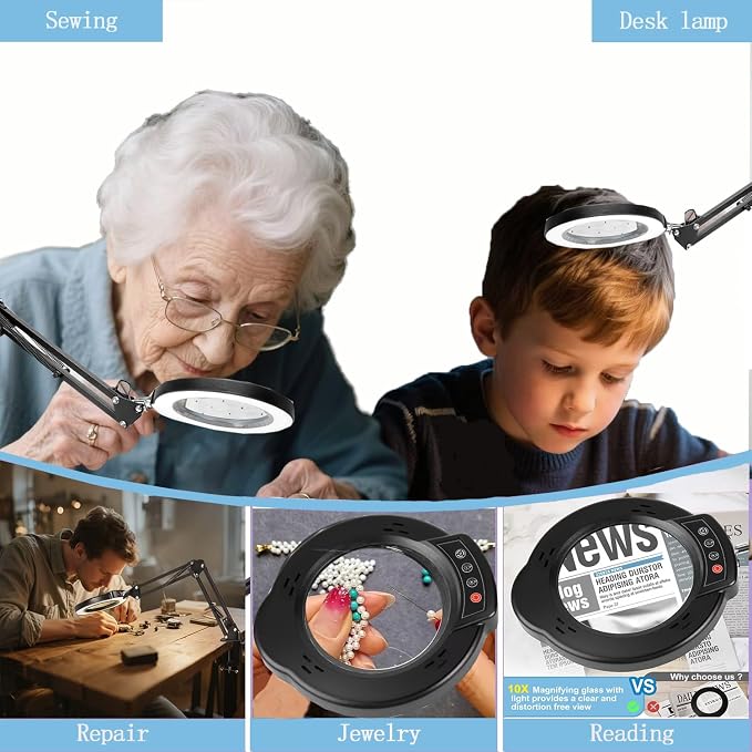 Upgrade 12X Magnifying Glass with Light, Real Glass Magnifying lamp, 5 Color Modes Stepless Dimmable, 84 LEDs, Magnifier with Light Hands Free for Close Work, Reading Craft Repair