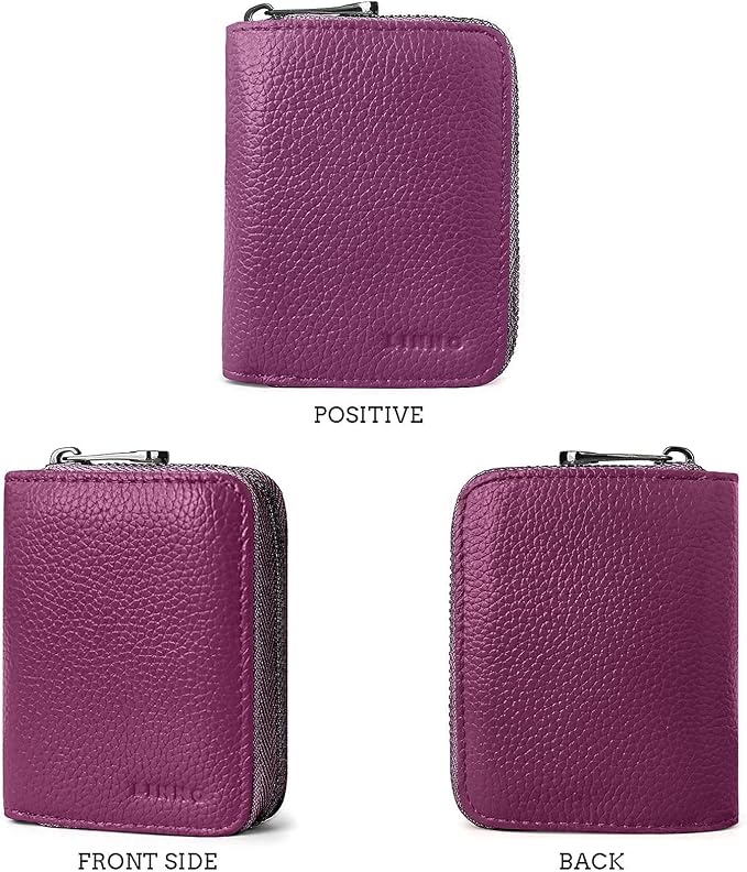 Linno RFID 20 Slots Credit Card Holder Genuine Leather Small Wallet for Women or Men with Zipper