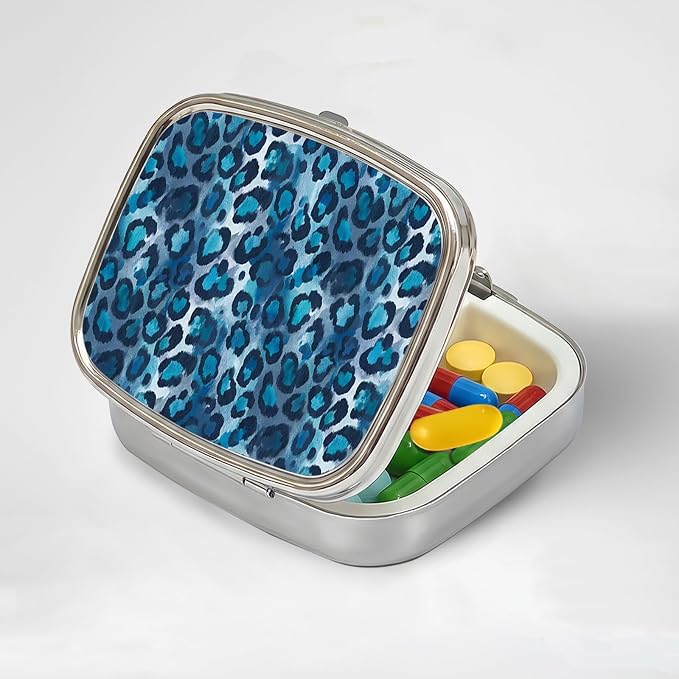 LRITER Pill Case, 2 Compartment Portable Small Travel Pill Organizer for Purse and Pocket, Stylish Medicine Case with Multiple Patterns, Daily Pillbox for Home & Travel (Blue Leopard Print)