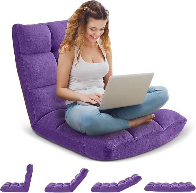 Folding Floor Gaming Chair, Adjustable 14-Position Backrest, 6-Inch Thick Flannel and Skin-Friendly Cotton Sponge, Breathable, Ideal for Gaming, Meditating, Sleeping, Purple