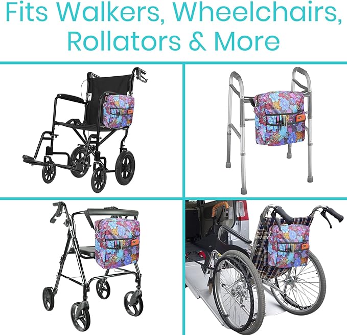 Vive Wheelchair Bag - Machine Washable, Double-Stitched, Water-Resistant Accessory Backpack for Rollators, Wheel Chairs, Walkers - Pouch with XL Pockets & Straps for Quick Installation