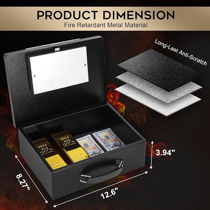 Dalmbox Portable Metal Safe Box with Digital Code Lock,Fire Resistant Storage for Documents, Fireproof Safe Box, Car, Home, Office and Outside, Black Box， Medium