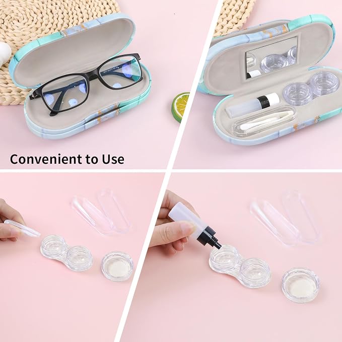 2 in 1 Contact Lens Case and Eyeglasses Case for Women Men Kids, Double Sided Hard Shell Portable Glasses Travel Holder with Built-in Mirror, Contact Lens Box (Green Marble)