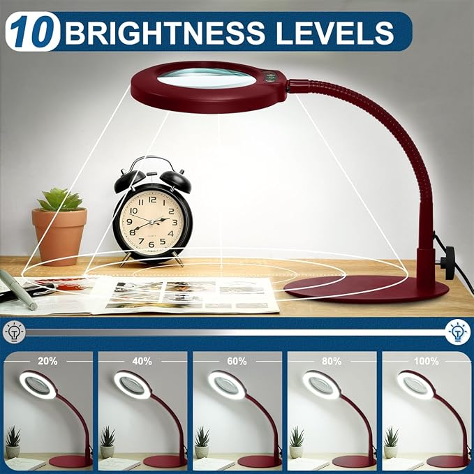 IVMAIE 12X Magnifying Glass with Light, Real Glass Lens, 5 Color Modes Dimmable, Flexible Gooseneck Lighted Magnifier with Stand, LED Desk Lamp Hands Free for Crafts Painting Reading Close Work, Red