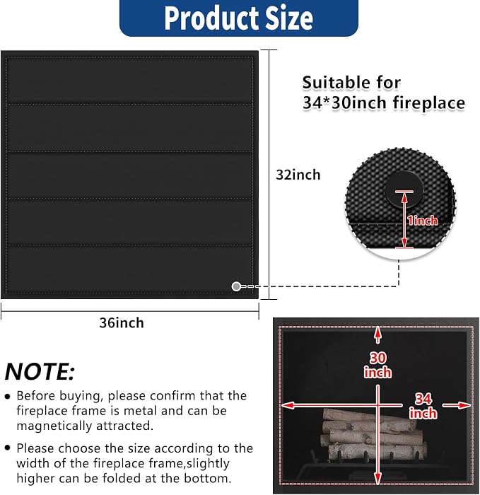 Fireplace Cover, Magnetic Fireplaces Blocker Blanket Stops Heat Loss, Indoor Fire Place Draft Stopper Save Energy, Magnetic Fireplace Draft Cover for Iron Fireplaces Frame (36"x32")