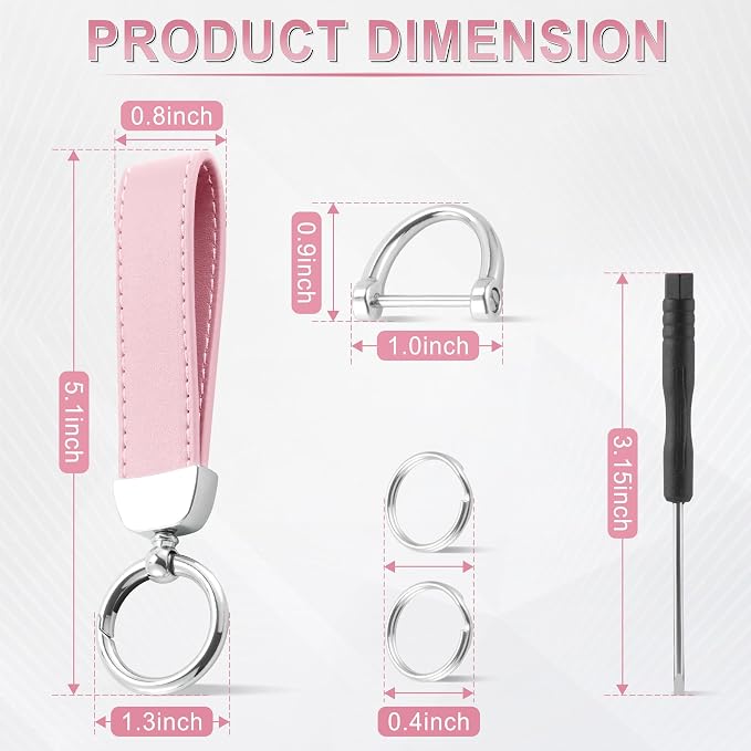 JUSTTOP Leather Keychain, Car Key Chain with Anti-Lost D-Ring and 2 Key Ring, Keychain Wristlet, Car Accessories, Universal Keychain for Men and Women (Pink)