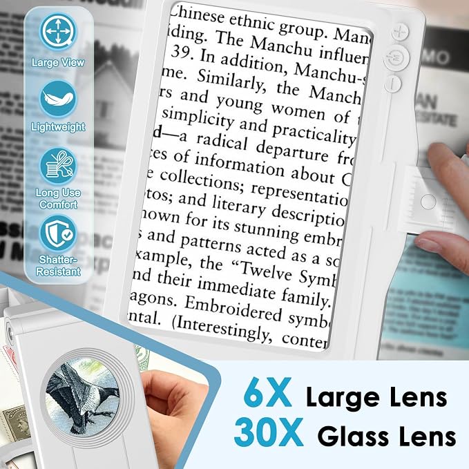 30X 6X Rechargeable Magnifying Glass for Reading, Large Full Page Magnifier with Folding Stand, 3 Color Light Modes, Dimmable LED Lighted, Hands Free Book Magnifier for Low Vision Seniors, White