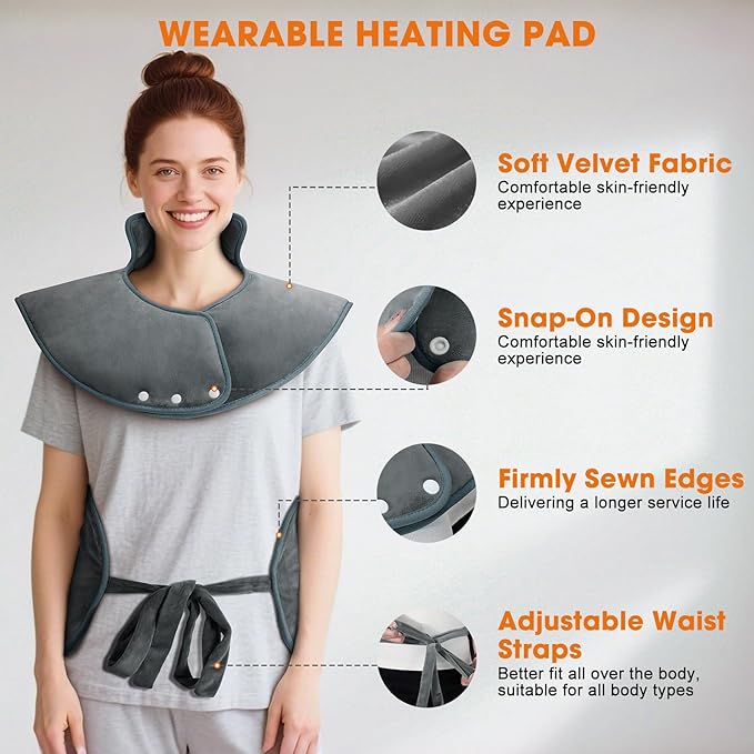 Heating Pad for Back Neck Shoulders, Large Wearable Relax Muscles, Birthday Gifts for Women Men Mom Dad Elderly, 3 Heat Settings/2-Hour Safe Auto-Off, 24"×37" Ergonomic Fit Design-Gray