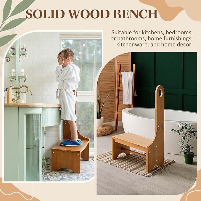 Wooden Step Stool with Handle for Adults, Elderly & Seniors, 9'' Wood Bedside Steps for High Beds Heavy Duty Antislip One Step Stool Platform Holds up to 400 Lbs for Kitchen Bathroom